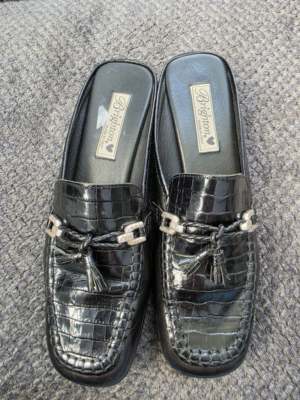 Brighton Black Croc-Embossed Leather Tassel Slip-On Loafers
